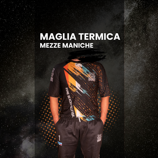 Maglia termica BVME a mezze maniche nera con grafica arancione e azzurra